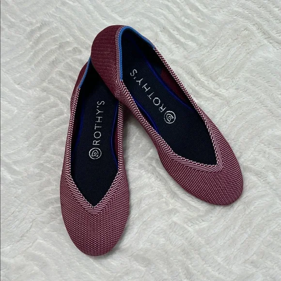 Rothy’s The Round Toe Flats Berry Red Knit Blue Trim Size 7.5 EUC Washable - Picture 3 of 9